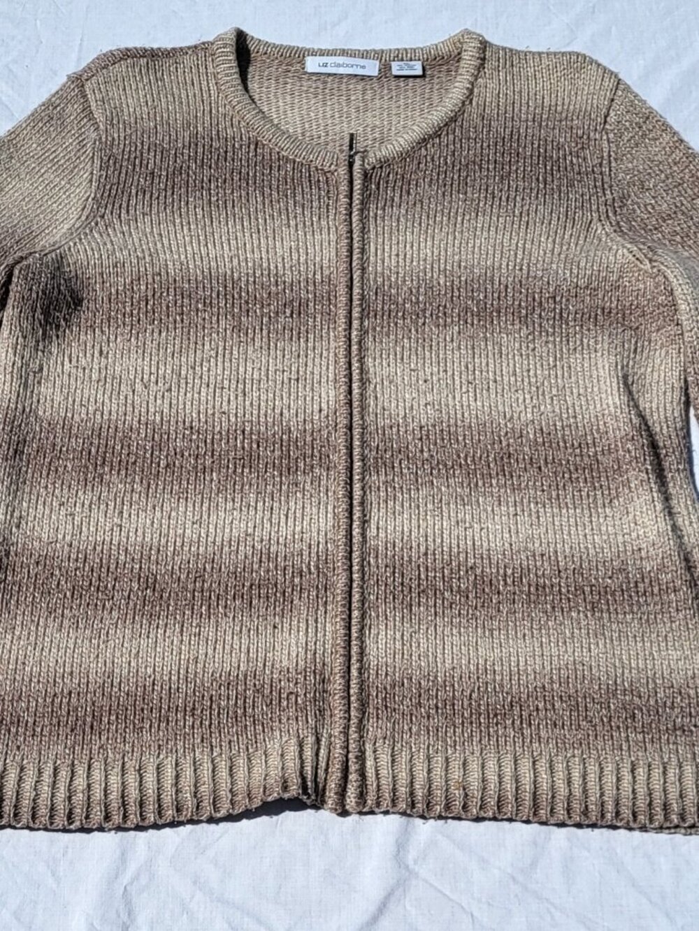 Liz Claiborne Cardigan Sweater Women's XL Brown Striped Full Zip Light Academia